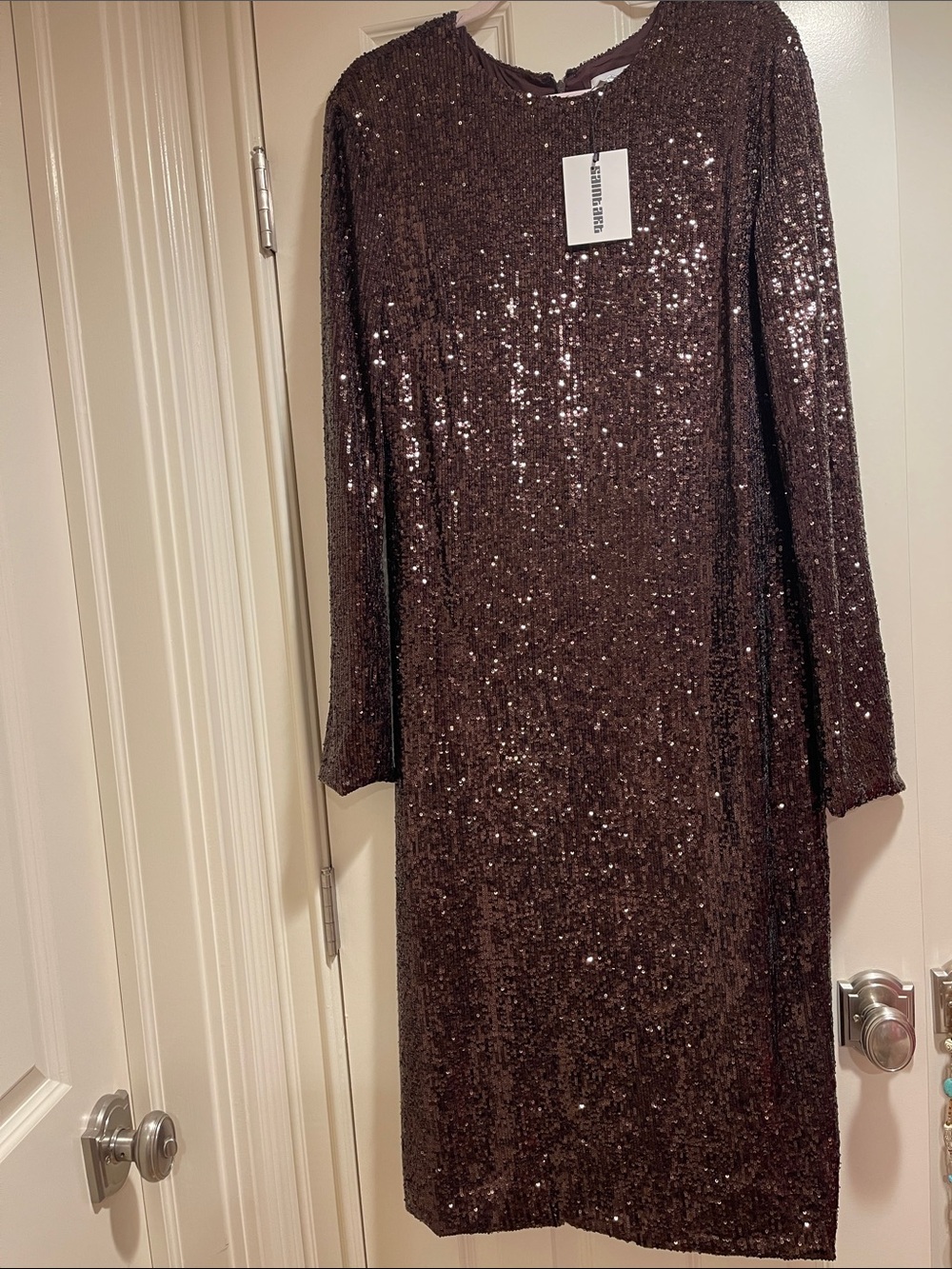 Saintart Sequined Long-Sleeve Midi Dress in Deep Brown